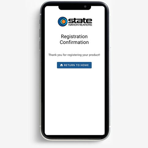 screenshot of the confirmation page after a user submits the "register your water heater" form on the QR code site.