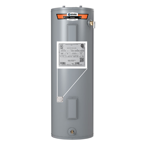 Gas water heater with callout for rating plate that has a QR code.