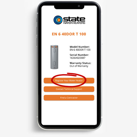 screenshot of QR code site with "register your water heater" circled in red.